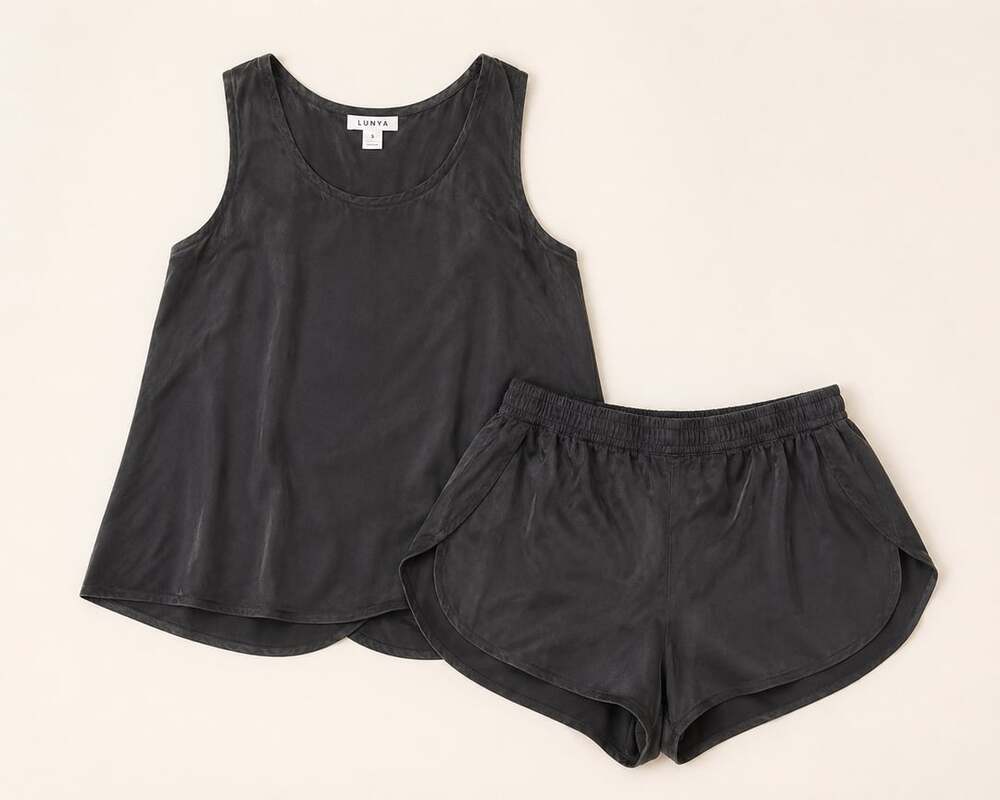 Lunya Immersed Black 100% Silk Tank Shorts Set Quiet Luxury Lounge S
